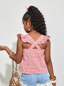 女童淡粉色交叉露背荷叶边涤纶上衣，日常休闲荷叶袖圆领常规下摆，少女时尚 - 藕粉色 - 查看 5