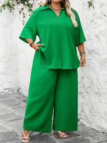 SHEIN CURVE+ Plus Size Solid Color Shirt & Pants Setsummer/Country/Beach Vacation Outfits/Beach Outfits/Beach Wear,Two Piece Set Women - Green - View 3
