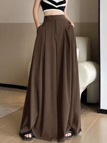 SHEIN EZwear 春夏大码褶皱休闲阔腿裤 - 棕色 - 查看 6