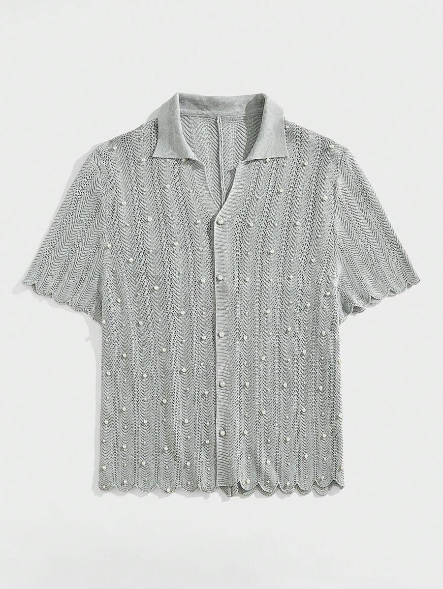 EASEVO Plus Size Men's Loose Beaded Knitted Turn-Down Collar Short Sleeve Cardigan, For Fall Winter - Grey - View 1