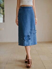 MOTF PREMIUM EMBROIDERY FLORAL PATTERN APPLIQUES SPLIT BACK DENIM SKIRT - Blue - View 4