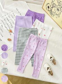 SHEIN Playful Pals 5入組嬰兒女童休閒彩虹花紋條紋印花下著套裝，適合春夏日常穿著 - 彩色 - 查看 7