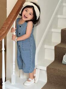 Hapijoa Baby Girls Casual Street Sleeveless Round Neck Denim Jumpsuit
