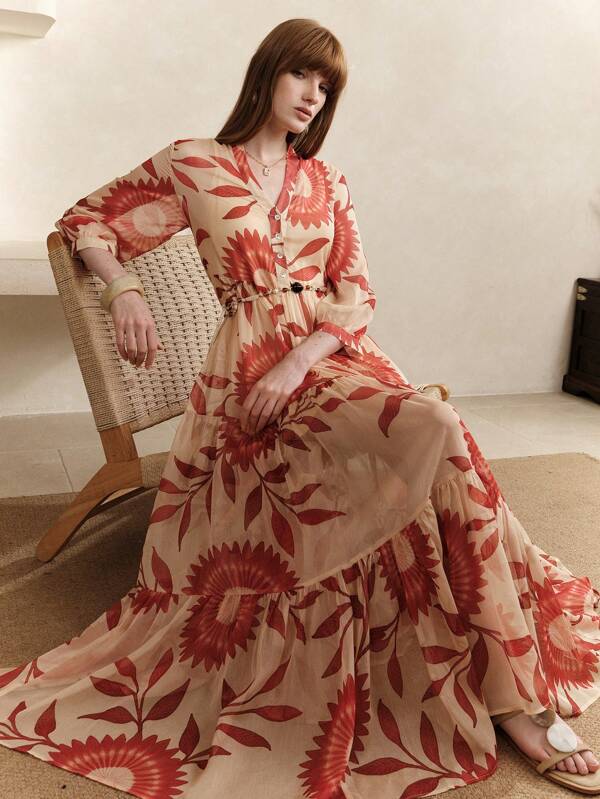 Arave Rochie midi casual lejeră cu imprimeu floral și decolteu în V, set 2 buc., pentru vacanță la plajă, primăvară și vară
