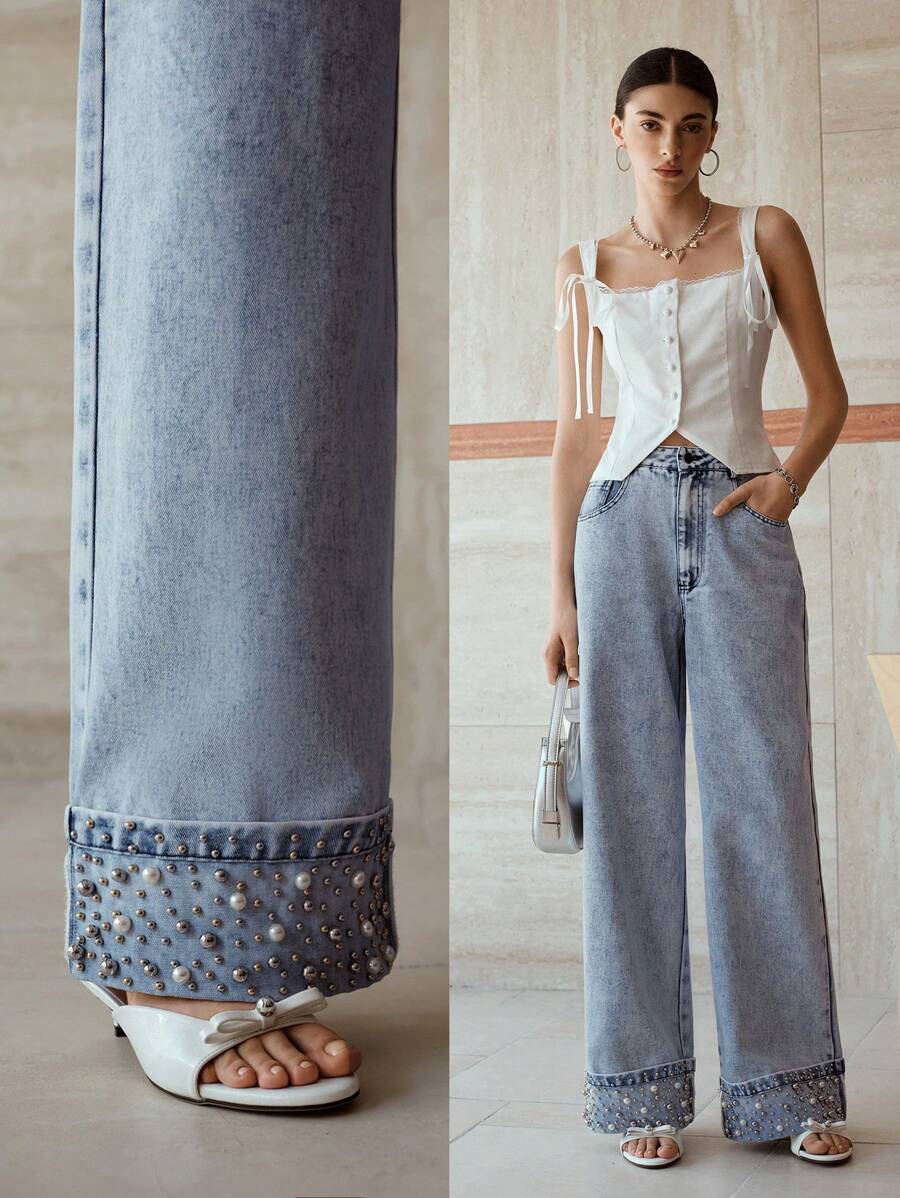 MOTF PREMIUM 珠饰与仿珍珠细节卷边阔腿牛仔裤