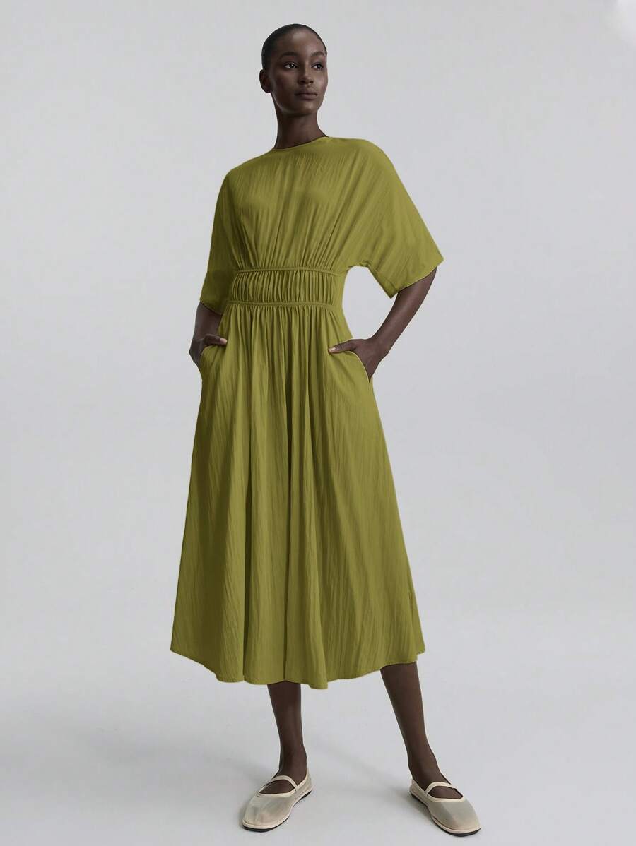 Ontre 2025 女式夏秋度假纯色荷叶边下摆无袖连衣裙，波西米亚风格，适合伊比沙岛、度假、节日、乡村音乐会、办公室、教师装、商务休闲 - 軍綠色 - 查看 1