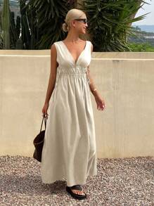 DAZY 女士撞色V领收腰A字长连衣裙，夏季邮轮度假装 - 杏色 - 查看 3