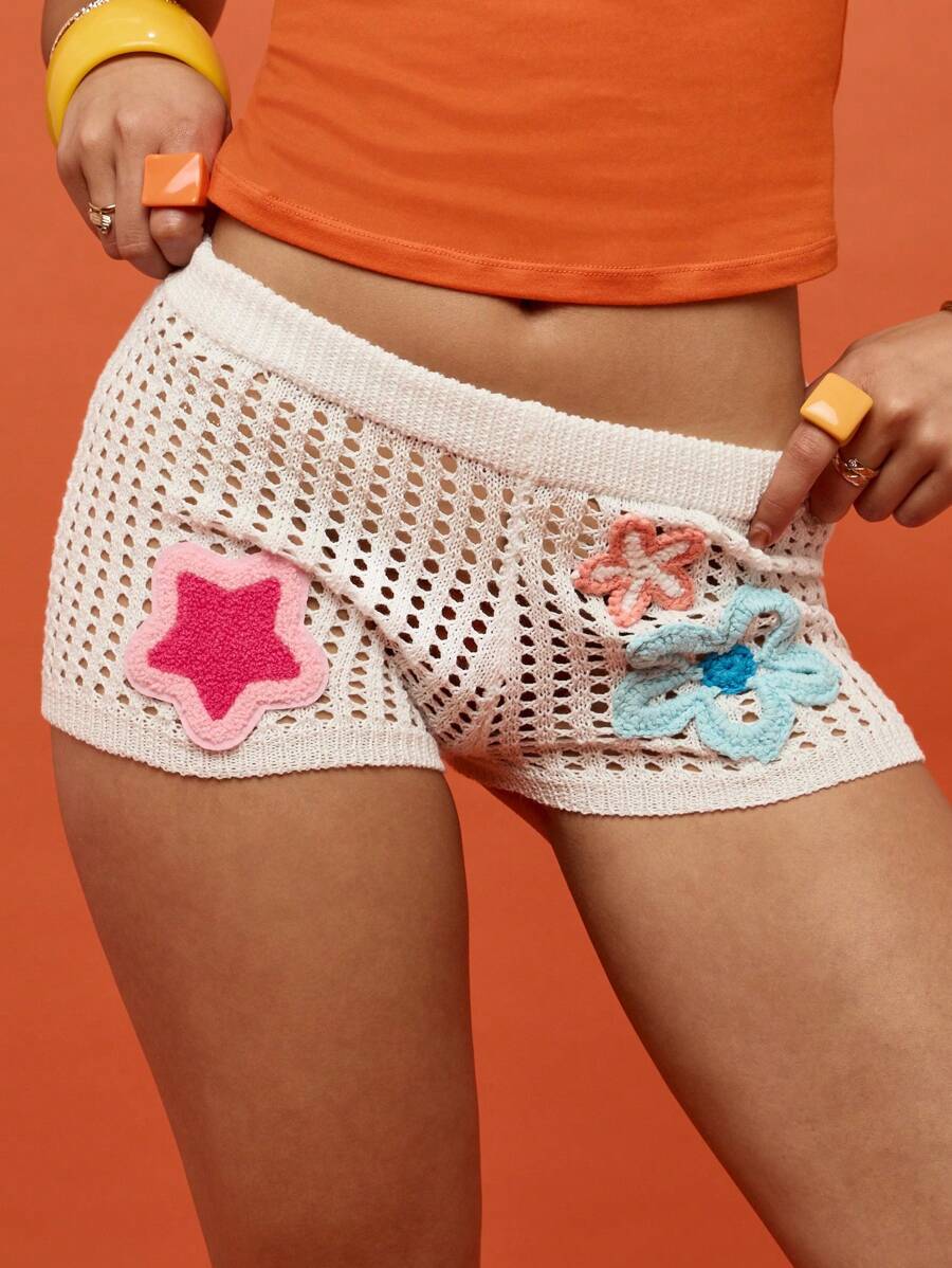 SUMWON WOMEN 节日钩针沙滩短裤手工可爱贴花短裤夏季海滩波西米亚针织热裤度假装女款 - 白色 - 查看 1