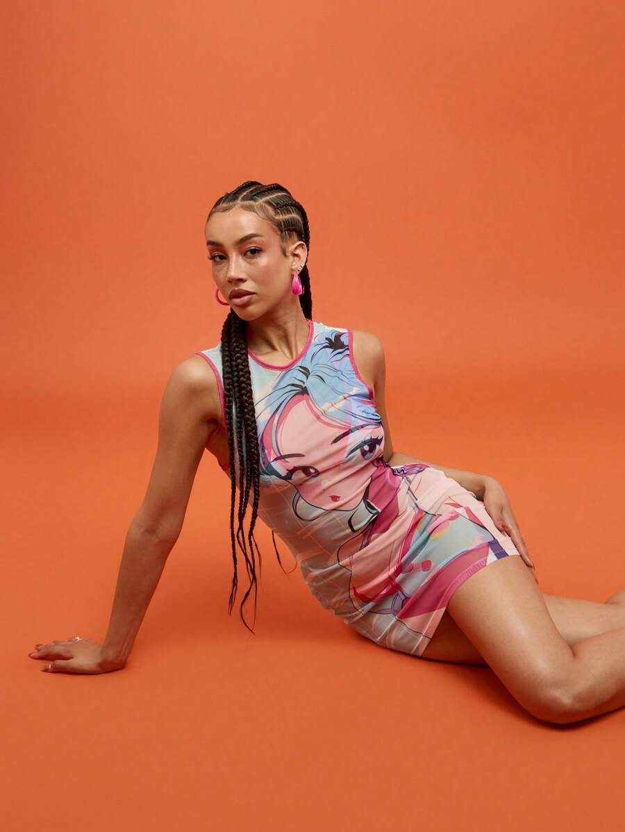 SUMWON WOMEN 迷你连衣裙动漫印花背心风格修身时尚服装角色扮演节日派对俱乐部夜间外出可爱网眼夏季春季 - 藍色 - 查看 1