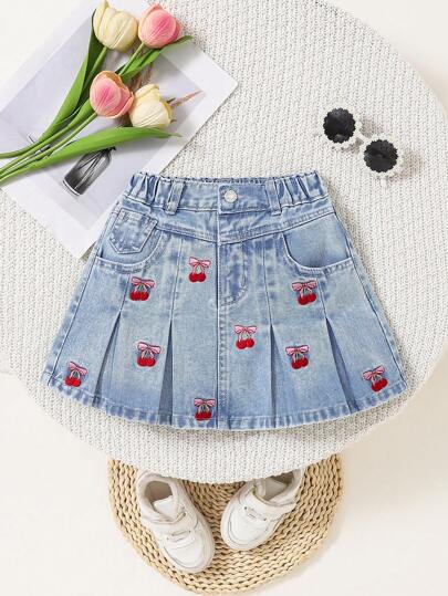 Sparklyn Tween Girl Casual Vacation Style Elastic Waistband, Button & Zipper Closure, Cherry Blossom Bow Embroidered Pocket, Washed Light Blue Denim Pleated Skirt, Plus Size Summer Holiday