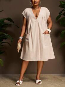 2025新款夏季休闲简约宽松V领休闲卡其色箱型纯色口袋短袖连衣裙 - 卡其色 - 查看 10