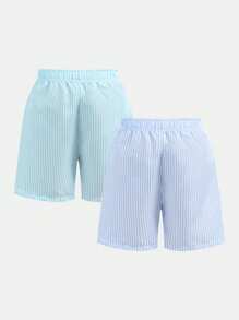2pcs Boys' Striped Printed Swim Trunks, Woven Fabric Beach Shorts Set, Suitable For Holiday