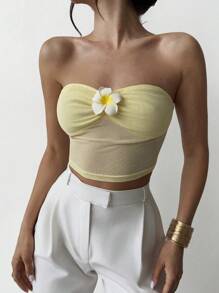 Firerie 女士优雅浪漫荷叶边抹胸露脐上衣，花卉网纱设计，抹胸款式，适合夏季海滩、度假、派对、音乐节、日常穿着，奶油黄，度假 - 黃色 - 查看 3