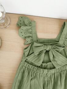 SHEIN LMoss Kids Baby Girl Cute Summer Versatile Green Textured Jumpsuit With Flutter Sleeves - Green - View 5