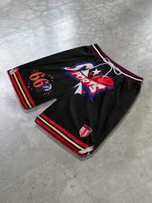 Manfinity Homme 1pc Men's Black Summer Gym Basketball Shorts,Streetwear Graphic Sports Logo Shorts With Burgundy Waistband And White Stripe Trim - Black - View 3