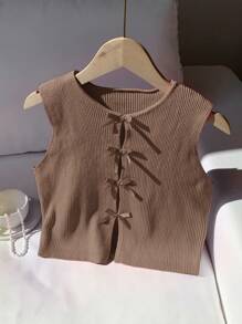 Comfortcana 女士休闲棕色蝴蝶结镂空针织毛衣 - 棕色 - 查看 3