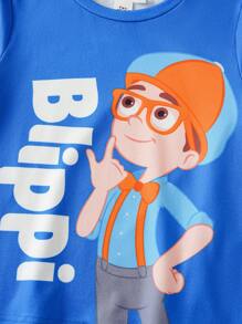 Blippi X SHEIN 男童夏季休闲卡通图案短袖T恤 - 藍色 - 查看 3