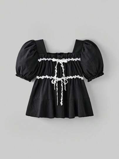 Ontre Tween Girl Ruffle Bow Decoration Puff Sleeve Square Neck Blouse