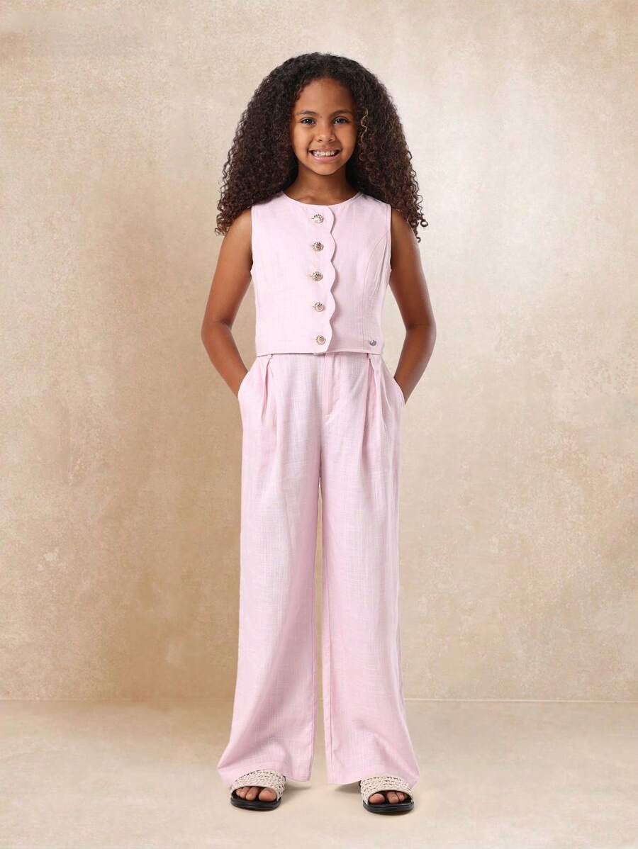 SUMWON Summer Co-Ord Set Casual Tank With Scalloped Buttons Wide Leg Palazzo Pants Holiday Resort Beach Wear - Pink - View 1