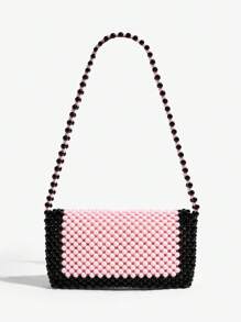 SHEIN ICON Ladies, Women Shoulder Bag, Hobo Bag, Black And Pink, Bead, Butterfly, Fashionable, Personalized, Simple, Versatile, Street, Sweet And Cool Girls, Hot Girls, Y2k, Retro, Rivets, Vintage, Teenagers, For Beach, Vacation, Holiday, Summer, Seaside, Beach Party, Date, Daily, Shopping, Afternoon Tea - Multicolor - View 4