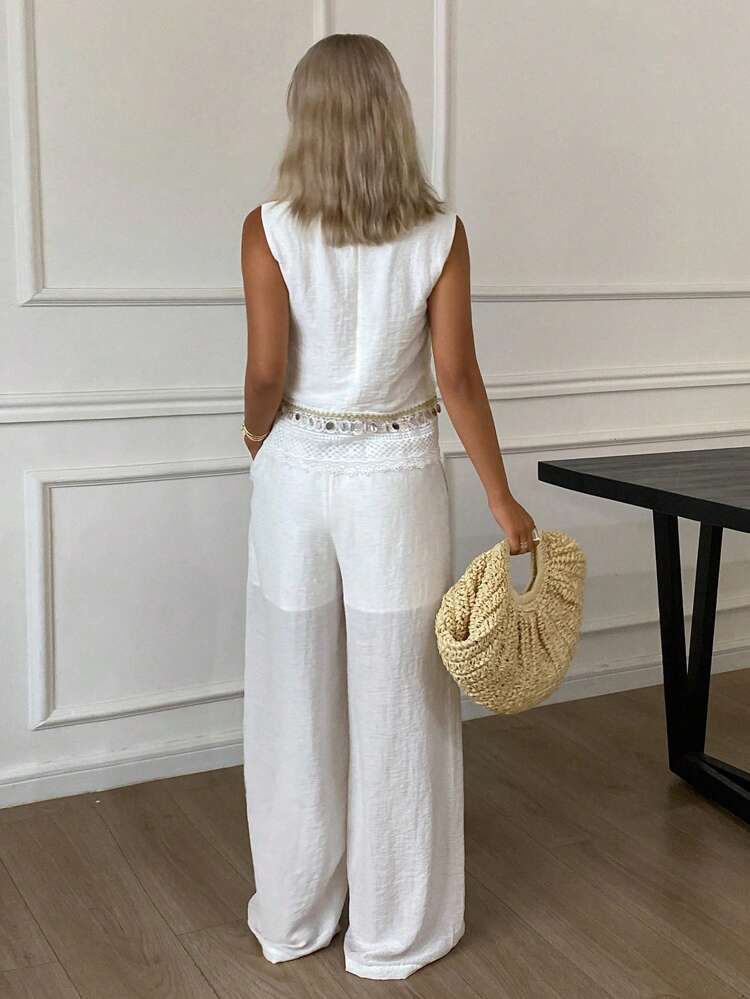 2pcs Women Lace Patchwork Round Neck Sleeveless Tank Top And Wide Leg Pants Set