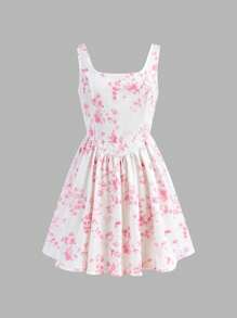 SHEIN Tween Mädchen Vacation Casual Ditsy Floral Square Neck Rüschen Taille Schlitz Kleid