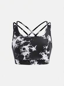 SHEIN Ensemble 2 pièces top court de sport et short taille haute en tissu tie-dye extensible et confortable avec dos croisé. Convient pour le yoga - Noir et Blanc - Voir 8