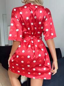 SHEIN Women Polka Dot And Heart Print Imitation Silk Bathrobe Silk Robe Women Summer Robe Women Silk Robes For Women - Red - View 2