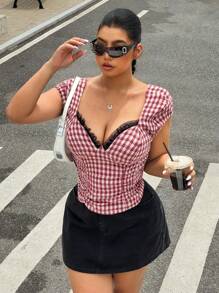 SHEIN EZwear 大码女式格子撞色蕾丝上衣，休闲假日风格 - 酒紅色 - 查看 4