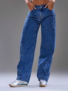 MUSERA 桶形缝线细节超大牛仔裤，适合春季、夏季、街头风、Y2K风格、酷女孩、都市缪斯、晚宴派对等场合，尽显优雅气质。 - 藍色 - 查看 2