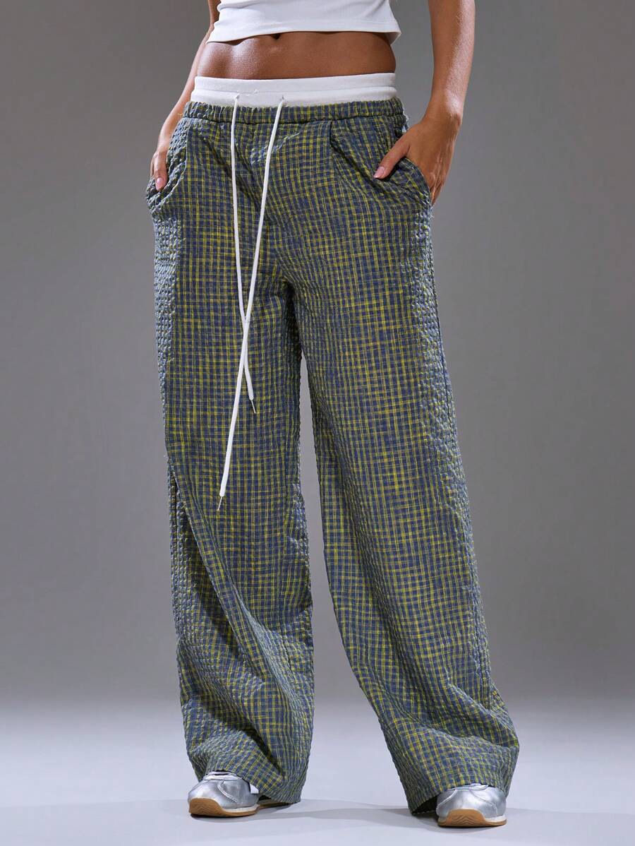 MUSERA 格纹撞色抽绳腰阔腿宽松长裤，夏季街头风 Y2K 酷女孩都市缪斯度假工作办公秋季、冬季、返校季、圣诞节 - 藍色 - 查看 1