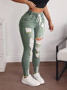 Breezaya 女士休闲简约破洞牛仔长裤 - 霧霾藍 - 查看 2