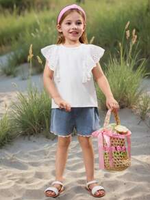 SHEIN Young Girl Casual Minimalist Comfortable Round Neck Ruffled Sleeve T-Shirt - White - View 6