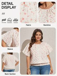 SHEIN LUNE 大码女式优雅印花短袖衬衫，夏季浪漫优雅，刺绣面料，ins博主风，通勤度假简约风，简约时尚，适合日常穿着，优雅个性派对，优雅日常派对活动度假风，假日波西米亚风 - 彩色 - 查看 4