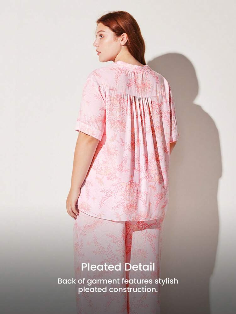 Plus Soft Short-Sleeve Basic Button-Up Top & Pants Loungewear Pajama Set