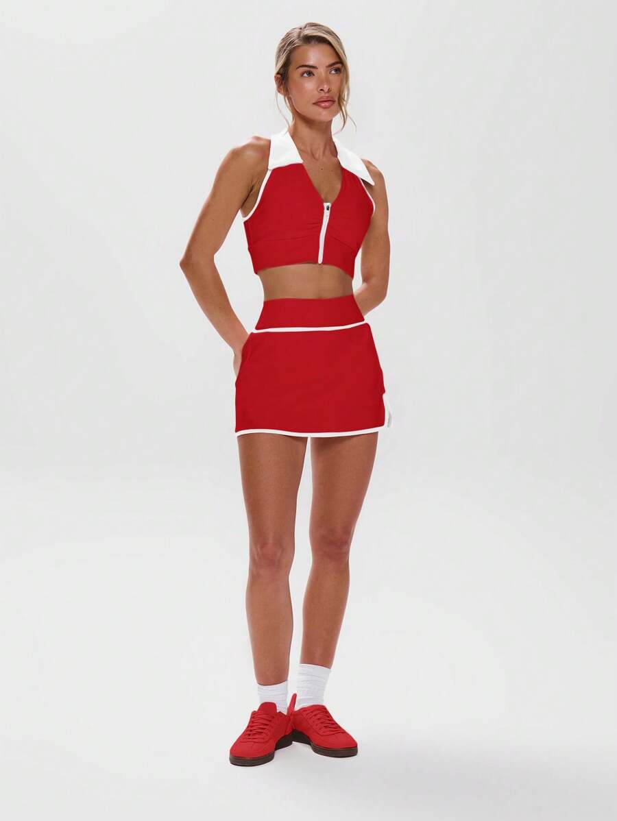 Musera Sport Low Rise Contrast Trim Skirt Skort Active Workout Gym Fitness - Red - View 1