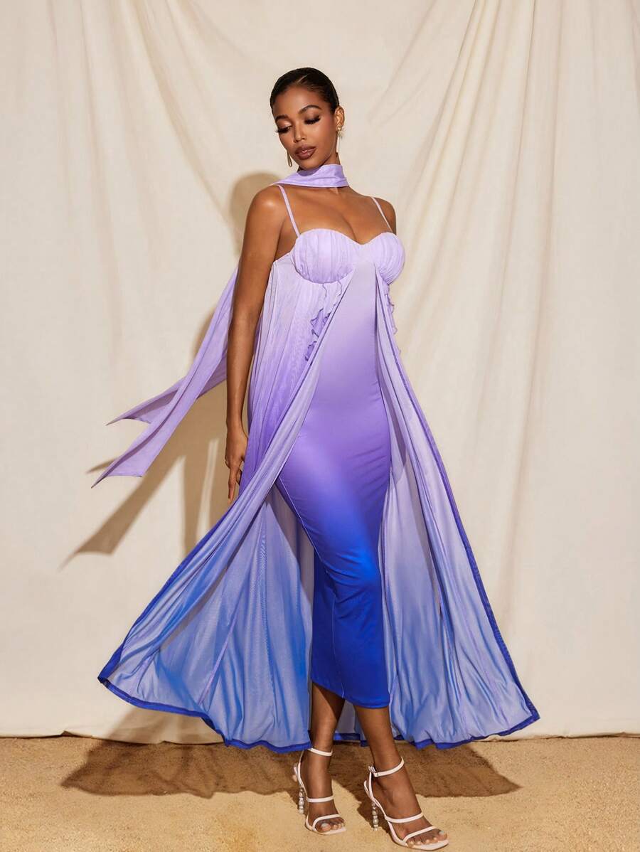 Yelly Gray Ombre Printed Ruffled Mesh Cape With Bodycon Dress And Scarf Women Summer Vacation Periwinkle Dress Ombre Dress Purple Dress Flowy Dress Fairy Core Dress - Multicolor - View 1