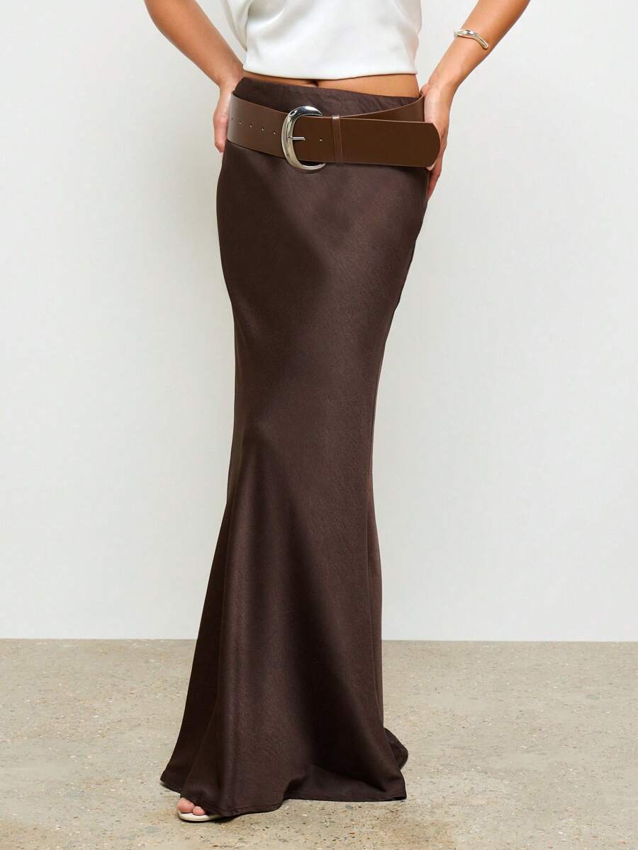 AiiRZ Fustă maxi din satin, croială oblică, toamnă-iarnă, lungă, de seară, pentru petreceri, până la podea, lejeră, cu curea lată, ținută de ocazie