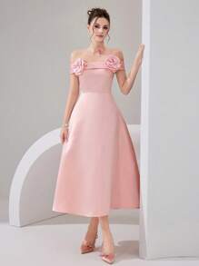 Poshira Vestido midi de mujer de silueta ajustada, con estampado floral, hombros descubiertos y diseño con adornos, elegante para vestidos de gala - Rosa - Ver 6