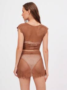WESTFADE Western Cowgirl Crochet V Ruffle V Neck Cute Bow Tie Front Short Sleeve Open Knit Sweater Crop Top Summer Beach Vacation Boho Festival Nashville Rodeo - Coffee Brown - View 5