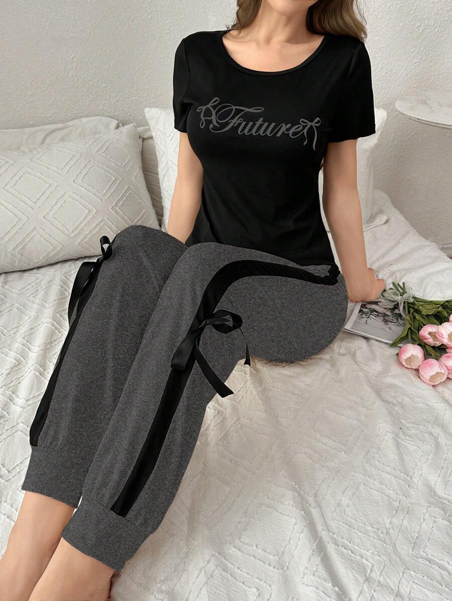 DUSKBASE 2pcs Color Block Print Fitted Short Sleeve Top And Bow Decor Pants Pajama Set - Dark Grey - View 1