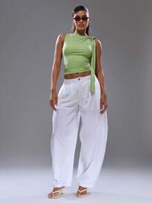 MUSERA Knot Tie Sleeveless Fitted Slash Neck Top Streetwear Y2K Cool Girl Cute City Muse Going Out Tops Fall - Green - View 4