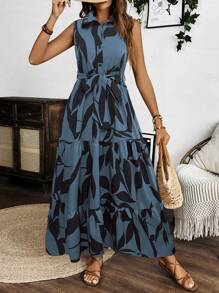 Breezaya 无袖印花衬衫领优雅长裙长款女装 - 灰藍色 - 查看 3