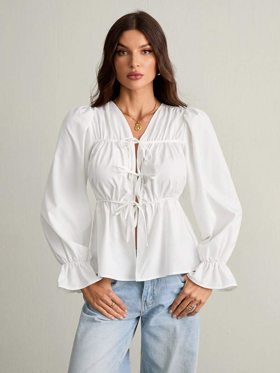 SHEIN Tall Camicia donna casual a maniche a palloncino con collo a cravatta in tinta unita, autunno, bianco - Bianco - Visualizzare 1