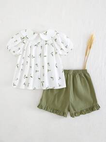 Cozy Pixies Toddler Girl Floral Print Ruffle Collar Puff Sleeve Cardigan Top And Solid Color Elastic Waist Shorts 2Pcs Set