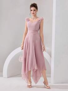 Poshira 女士优雅纯色3D花卉装饰礼服