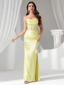 Coutiva Vestido de noche largo y transparente negro con brillos y diamantes para mujer - Amarillo - Ver 5