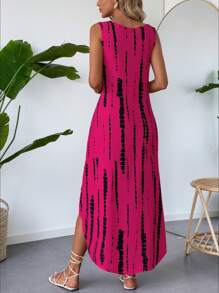 SHEIN LUNE Vestido casual y elegante para mujer con cuello en V, abertura lateral, bajo asimétrico con bolsillos, cintura alta, corte evasé, sin mangas y estampado geométrico, ideal para vacaciones - Rosa Fucsia - Ver 2