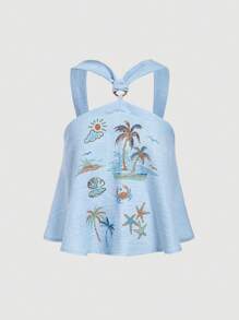 SHEIN MOD Women Loose Floral Ring Twist Blouse - Baby Blue - View 1