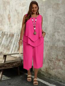 EMERY ROSE Conjunto de 2 piezas de top sin mangas verde simple y pantalones 3/4 para mujer de talla grande, conjunto de 2 piezas para mujer, conjunto de 2 piezas de verano para mujer, conjunto de pantalón rosa caliente para mujer, conjunto de traje de pantalón de verano, regalo para la madre, ropa bohemia, primavera, atuendos de rave, atuendos de campo para mujer - Rosa Fucsia - Ver 3